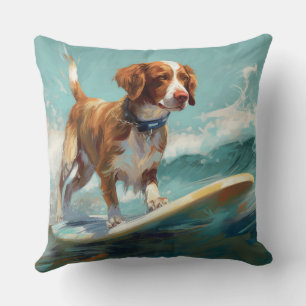 Brittany Spaniel Beach Surfing Painting  Throw Pillow