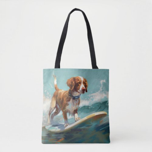 Brittany Spaniel Beach Surfing Painting  Tote Bag