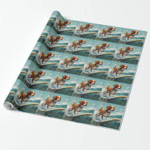 Brittany Spaniel Beach Surfing Painting Wrapping Paper