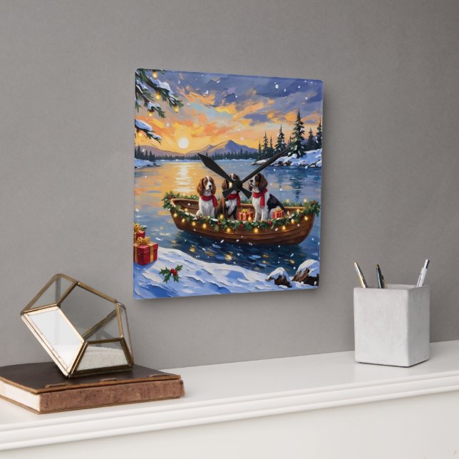 Brittany Spaniel Christmas Boat Holiday Square Wall Clock (Office)
