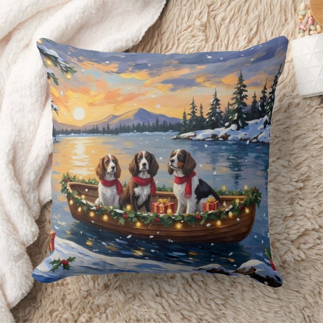 Brittany Spaniel Christmas Boat Holiday Throw Pillow (Blanket)