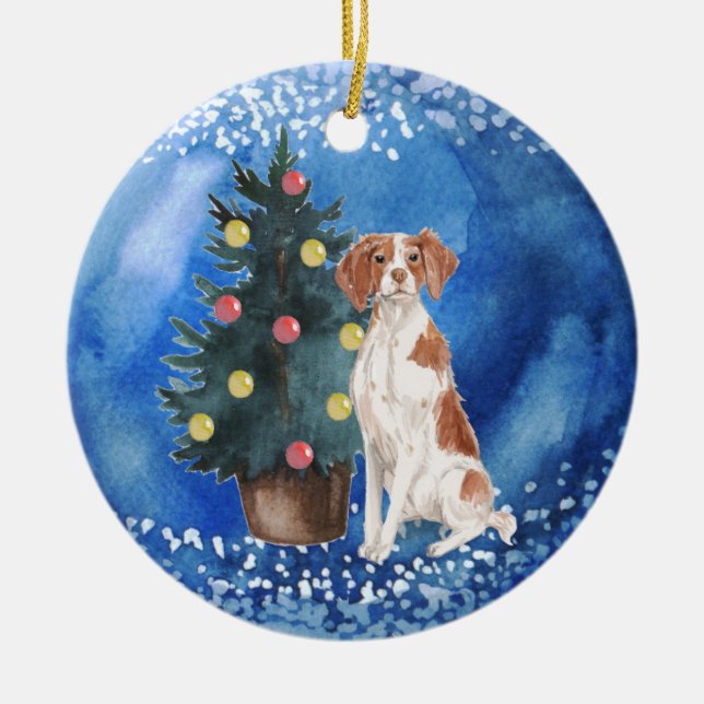 Brittany Spaniel Christmas Ceramic Ornament (Front)