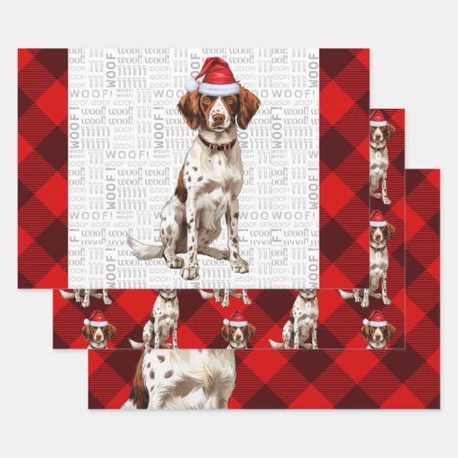Brittany Spaniel Christmas Dog Red Buffalo Plaid Wrapping Paper Sheets (Set)
