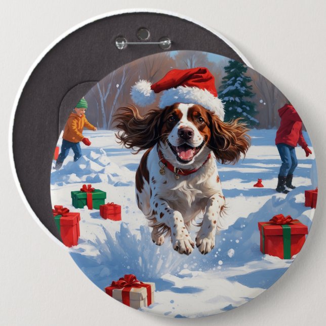 Brittany Spaniel Christmas Festive Snow Scene Button (Front & Back)