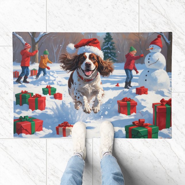 Brittany Spaniel Christmas Festive Snow Scene Doormat (Indoor)