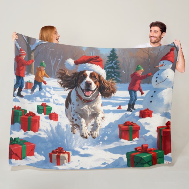Brittany Spaniel Christmas Festive Snow Scene Fleece Blanket (In Situ)