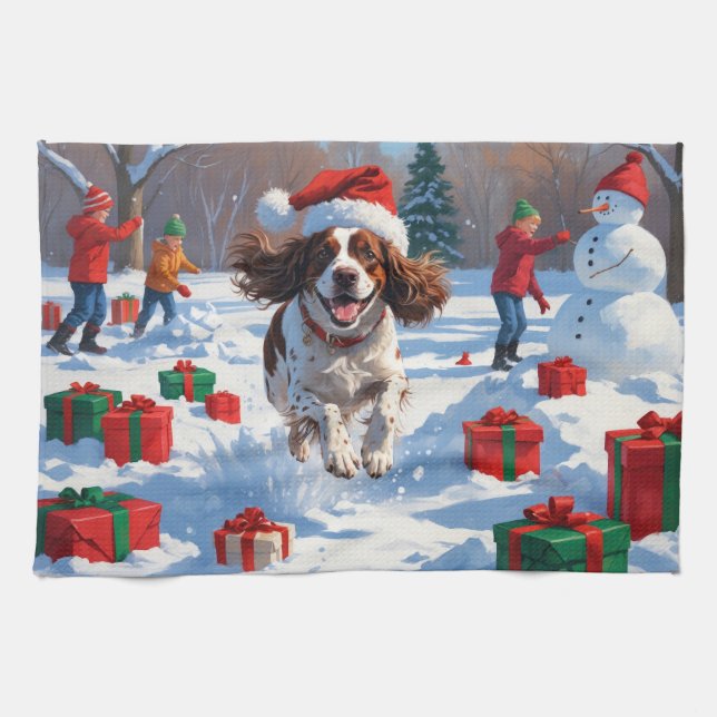 Brittany Spaniel Christmas Festive Snow Scene Kitchen Towel (Horizontal)