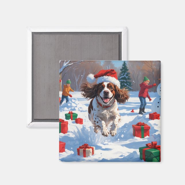 Brittany Spaniel Christmas Festive Snow Scene Magnet (Front/Back)