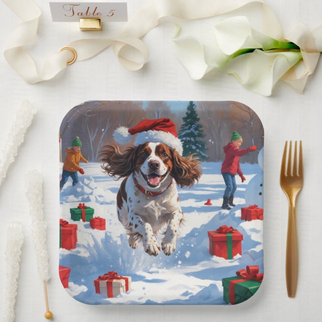 Brittany Spaniel Christmas Festive Snow Scene Paper Plates (Wedding)