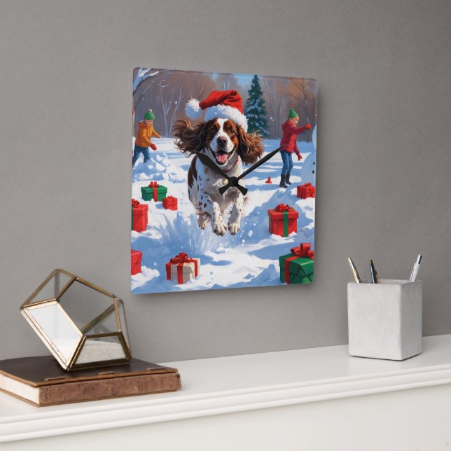 Brittany Spaniel Christmas Festive Snow Scene Square Wall Clock (Office)