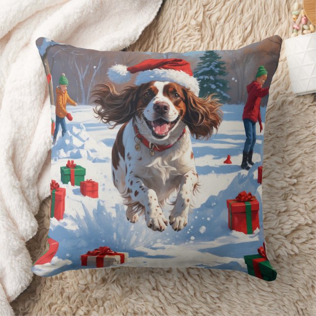 Brittany Spaniel Christmas Festive Snow Scene Throw Pillow (Blanket)