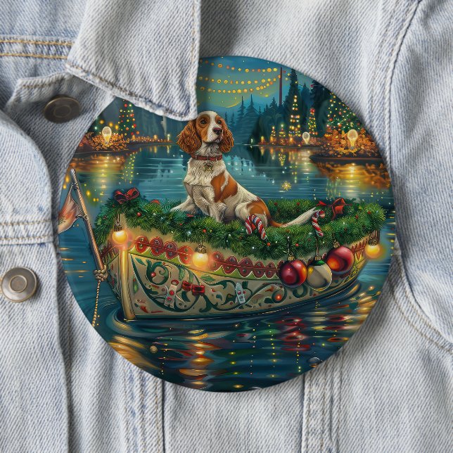 Brittany Spaniel Christmas Festive Voyage Button (In Situ)
