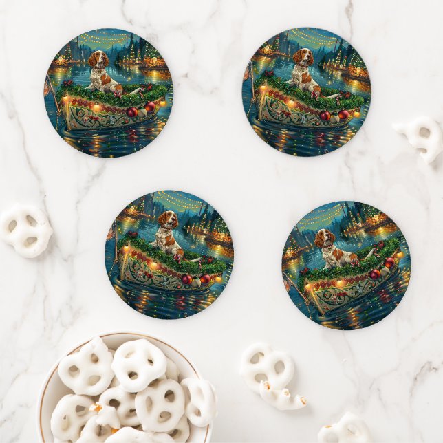 Brittany Spaniel Christmas Festive Voyage Coaster Set (In Situ)