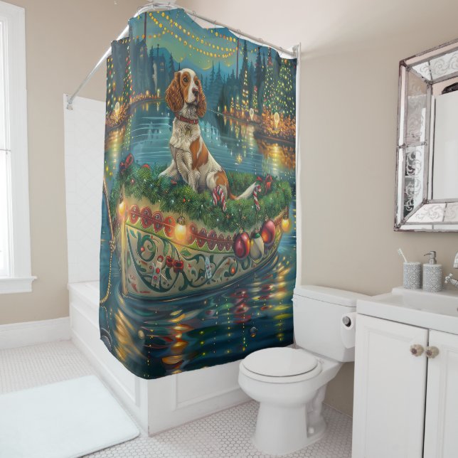 Brittany Spaniel Christmas Festive Voyage Shower Curtain (In Situ)