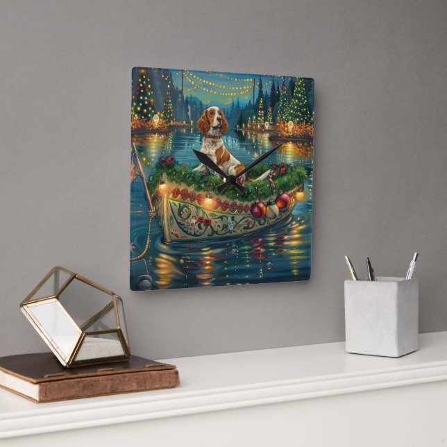 Brittany Spaniel Christmas Festive Voyage Square Wall Clock (Office)