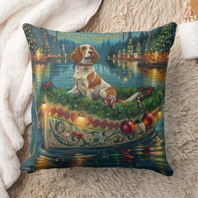 Brittany Spaniel Christmas Festive Voyage Throw Pillow (Blanket)