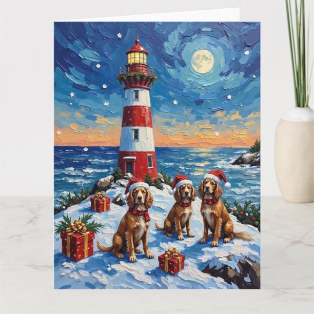 Brittany Spaniel Christmas Lighthouse Holiday Card (Front)