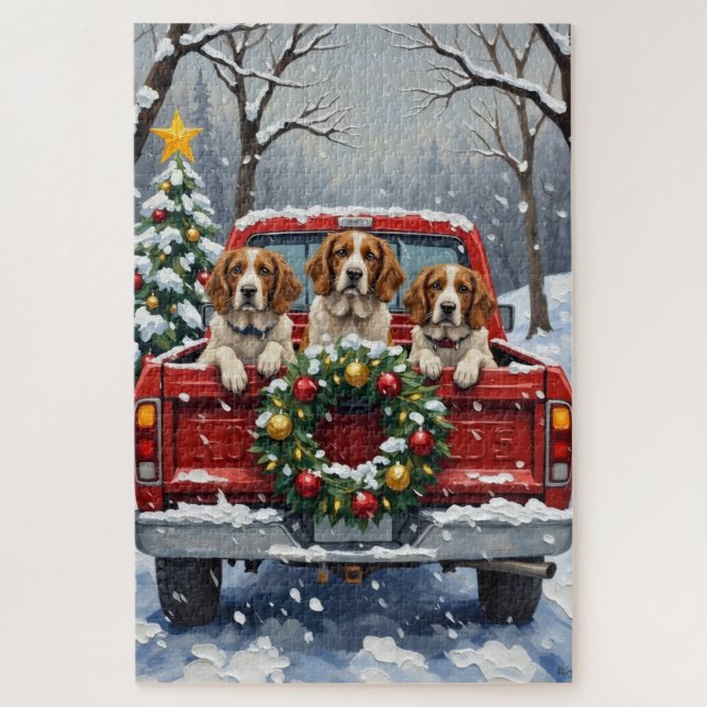 Brittany Spaniel Christmas Red Truck Holiday Jigsaw Puzzle (Vertical)