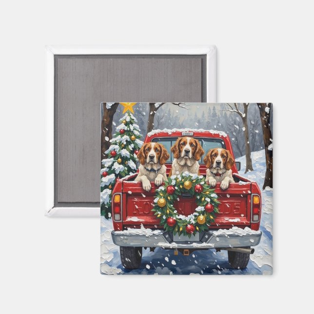 Brittany Spaniel Christmas Red Truck Holiday Magnet (Front/Back)