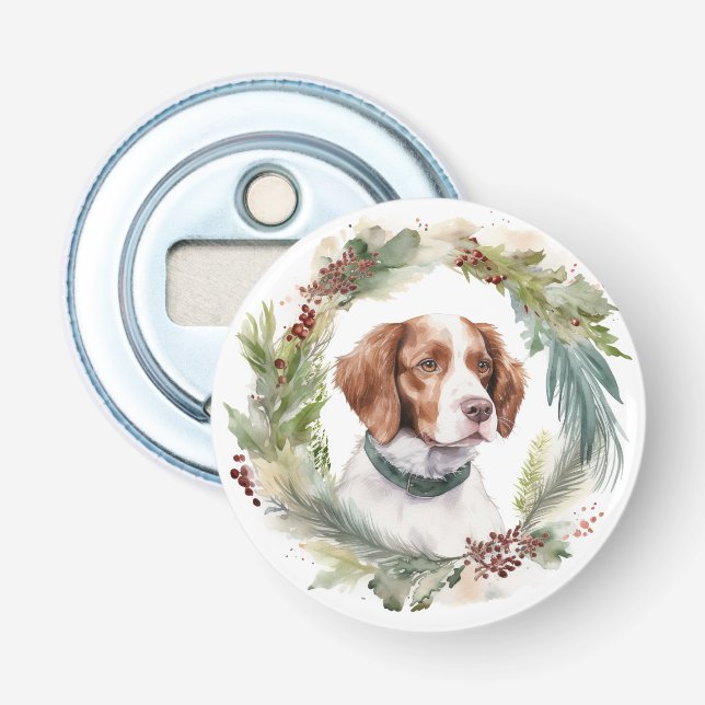 Brittany Spaniel Christmas Wreath Festive Pup Bottle Opener (Front)