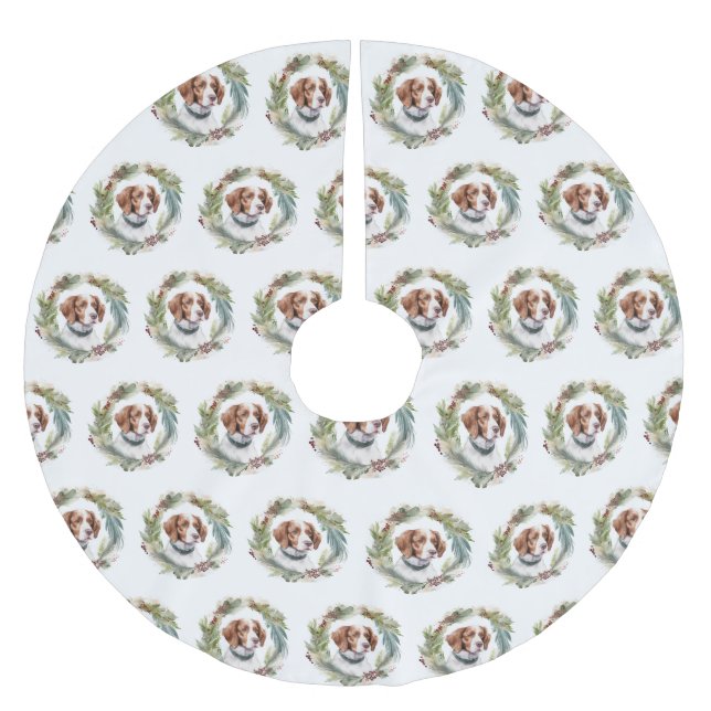 Brittany Spaniel Christmas Wreath Festive Pup Brushed Polyester Tree Skirt (Front)