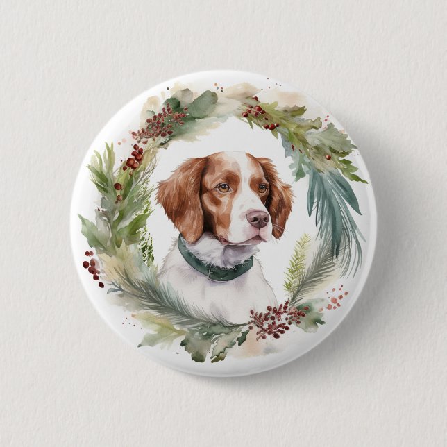 Brittany Spaniel Christmas Wreath Festive Pup Button (Front)