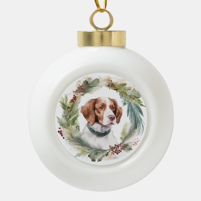 Brittany Spaniel Christmas Wreath Festive Pup Ceramic Ball Christmas Ornament (Front)