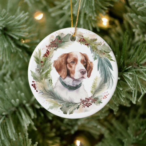 Brittany Spaniel Christmas Wreath Festive Pup Ceramic Ornament