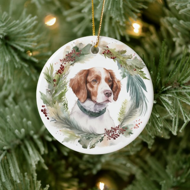 Brittany Spaniel Christmas Wreath Festive Pup Ceramic Ornament (Tree)