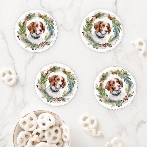 Brittany Spaniel Christmas Wreath Festive Pup Coaster Set