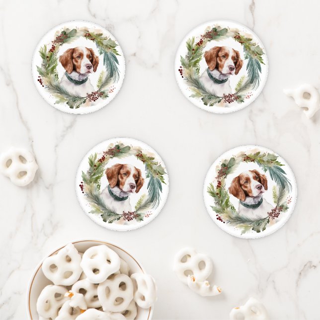 Brittany Spaniel Christmas Wreath Festive Pup Coaster Set (In Situ)