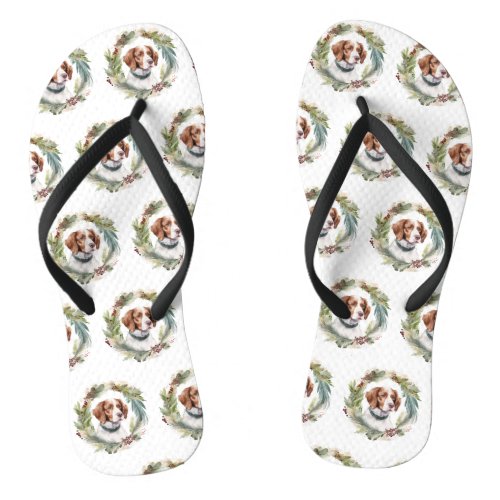 Brittany Spaniel Christmas Wreath Festive Pup Flip Flops