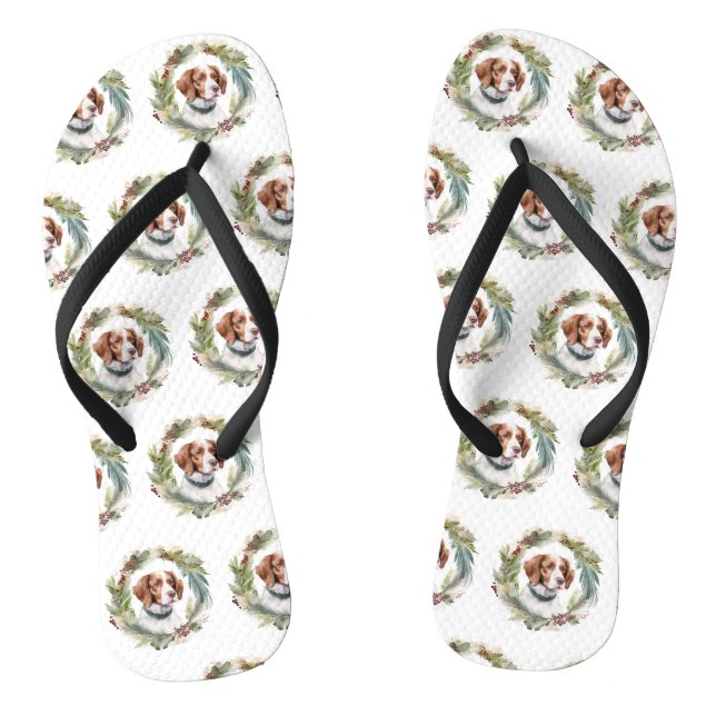 Brittany Spaniel Christmas Wreath Festive Pup Flip Flops (Footbed)