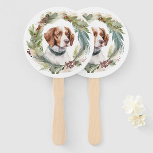 Brittany Spaniel Christmas Wreath Festive Pup Hand Fan