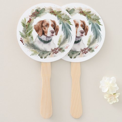 Brittany Spaniel Christmas Wreath Festive Pup Hand Fan