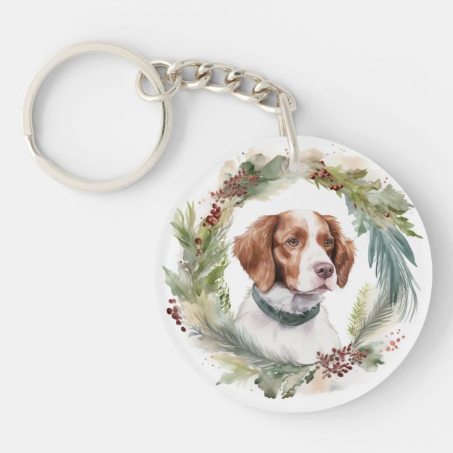 Brittany Spaniel Christmas Wreath Festive Pup Keychain (Front)