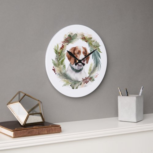 Brittany Spaniel Christmas Wreath Festive Pup Large Clock