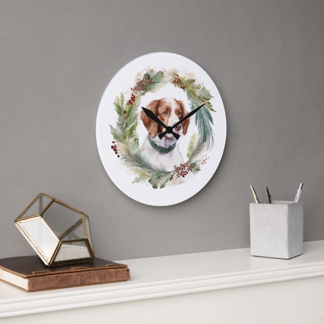 Brittany Spaniel Christmas Wreath Festive Pup Large Clock (Office)