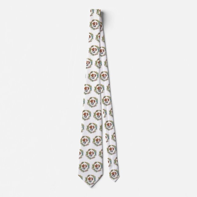 Brittany Spaniel Christmas Wreath Festive Pup Neck Tie (Front)
