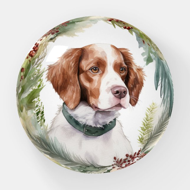 Brittany Spaniel Christmas Wreath Festive Pup Paperweight (Front)