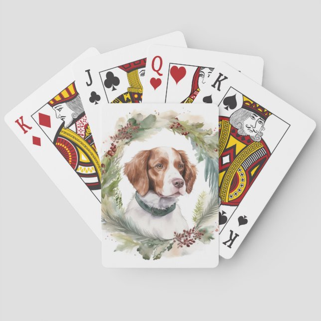 Brittany Spaniel Christmas Wreath Festive Pup Poker Cards (Back)