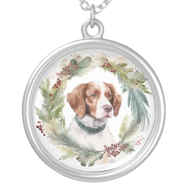 Brittany Spaniel Christmas Wreath Festive Pup Silver Plated Necklace (Front)