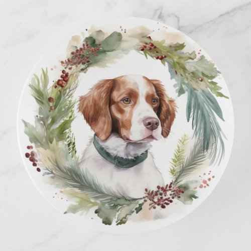 Brittany Spaniel Christmas Wreath Festive Pup Trinket Tray