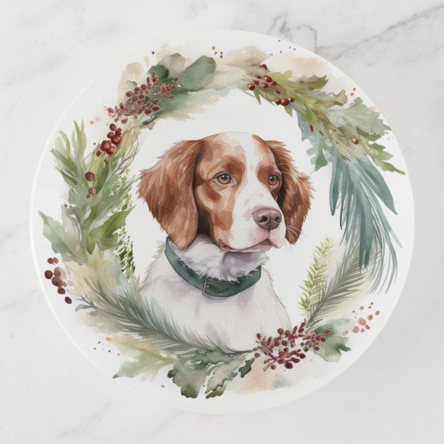 Brittany Spaniel Christmas Wreath Festive Pup Trinket Tray (Front)