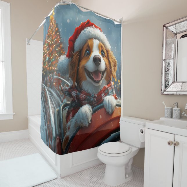 Brittany Spaniel Dog Christmas Shower Curtain (In Situ)