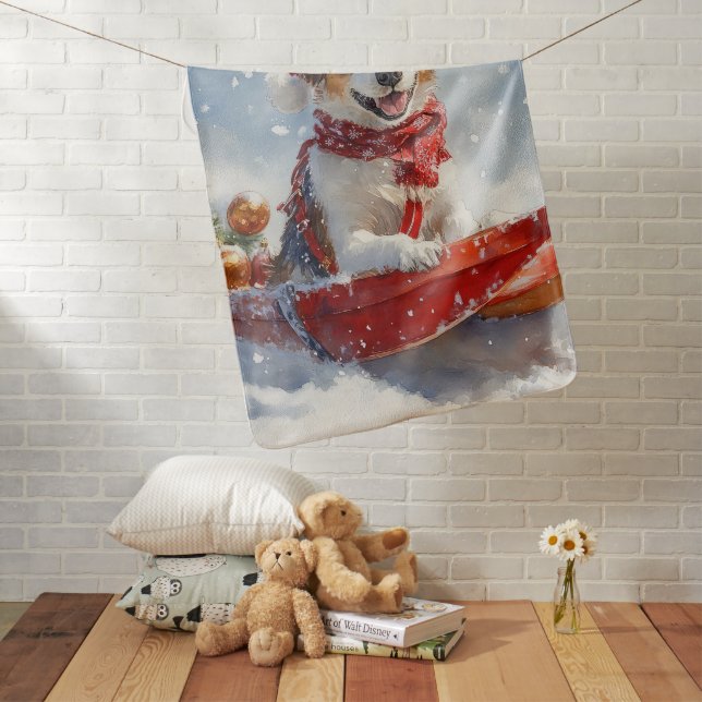 Brittany Spaniel Dog in Sledge Christmas Baby Blanket (In Situ)