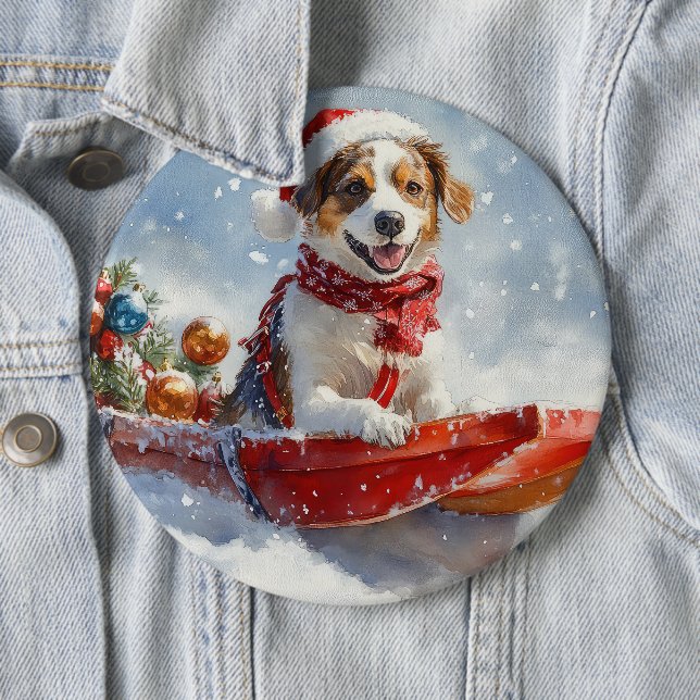 Brittany Spaniel Dog in Sledge Christmas Button (In Situ)