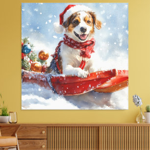 Brittany Spaniel Dog in Sledge Christmas Canvas Print