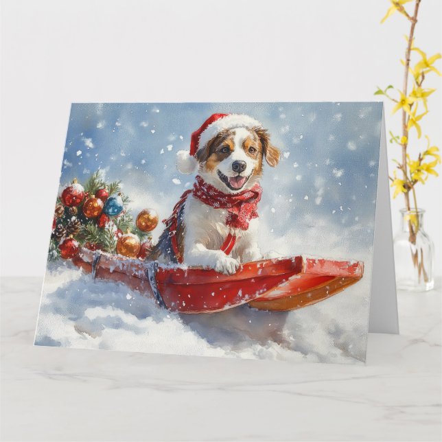 Brittany Spaniel Dog in Sledge Christmas Card (Yellow Flower)
