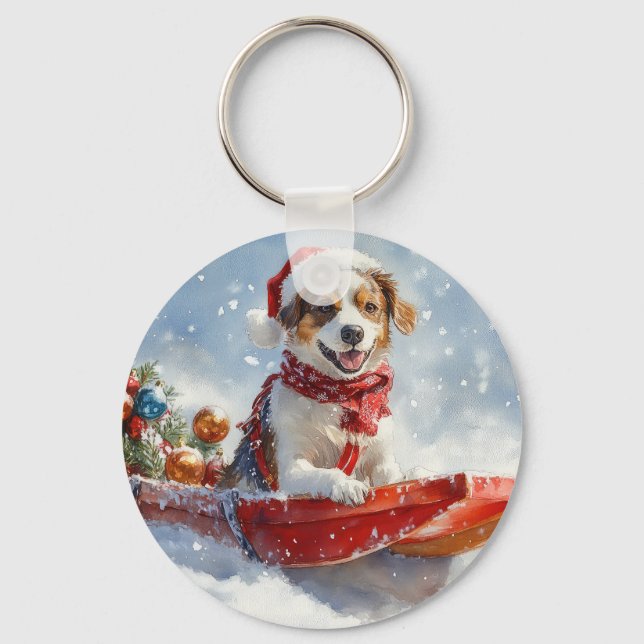 Brittany Spaniel Dog in Sledge Christmas Keychain (Front)